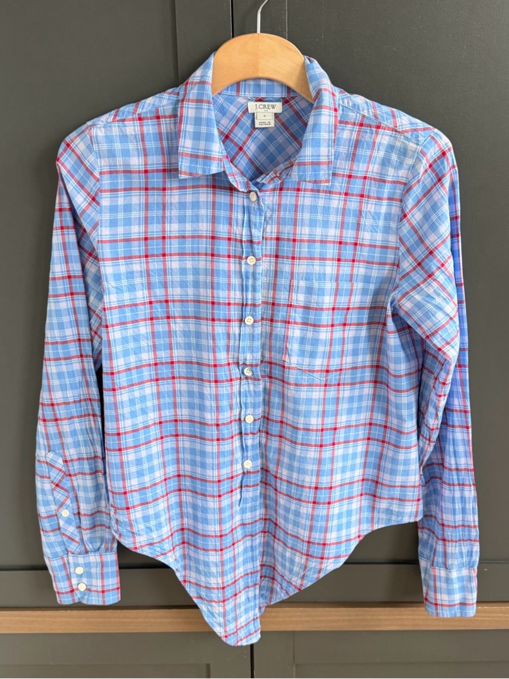 J. Crew | Light Blue and Red Plaid Button-Down Cotton Shirt | tie front | S